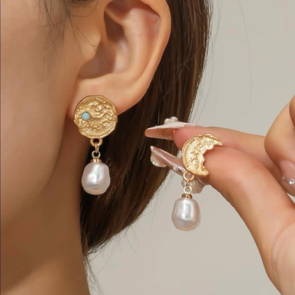 Gold Moon And Coin Mismatched Drop Pearl Earrings